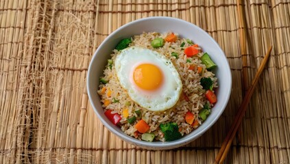 Flat lay of Chinese fried rice with vegetables and egg, served in a white bowl on a bamboo mat.