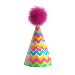 Colorful party hat with pink pom pom isolated on white background