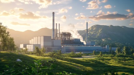 Obraz premium Juxtaposition of industry and nature as smoke rises from a factory nestled on transparent background