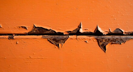 A peeled orange paint chip curling at a metal seam