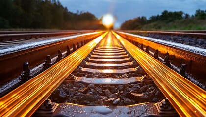 Fototapeta premium a close up of industrial led warning lights glowing along a metallic railway track on a rainy evening reflecting warm golden light