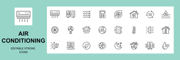Air Conditioning icon set. Containing fan, wind, blow, air conditioner, cooling appliance, cooling fan, air cleaner, climate control, heating and more., Editable Stroke.