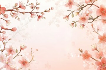 Fototapeta premium Delicate pink cherry blossoms frame a soft pastel background