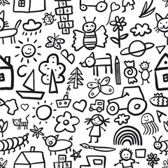 Vector seamless pattern from a collection of funny children's drawings hand-drawn in doodle style