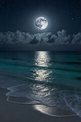 Serene Night Full Moon over Tranquil Ocean Beach