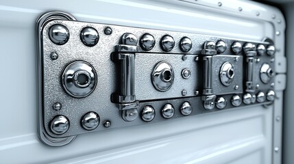 Chrome plate with rivets on white surface