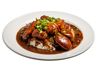 Delicious chicken and rice dish in rich brown sauce isolated on a white background, Png Transparent Background