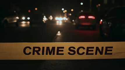 Crime scene cordon at night, yellow barrier tape across the road with the text "CRIME SCENE", blurred vehicles and streetlights in background, evidence investigation.