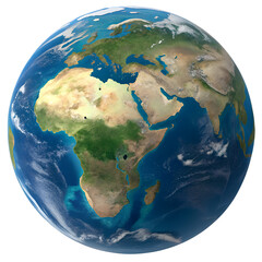 A realistic 3D render of the Earth globe centered on Africa and surrounding continents, showcasing oceans and cloud cover. Ideal for global, environmental, and educational themes.