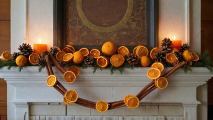 Garland made of dried oranges and cinnamon sticks hanging on a fireplace