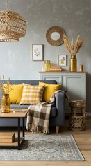 Cozy living room interior with gray sofa, yellow pillows and wooden decor