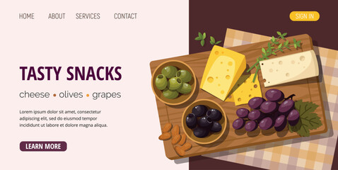 Delicious cheese platter with various cheeses, nuts, olives and fresh grapes on a wooden cutting board. Banner, poster, website, web page template. Top View.