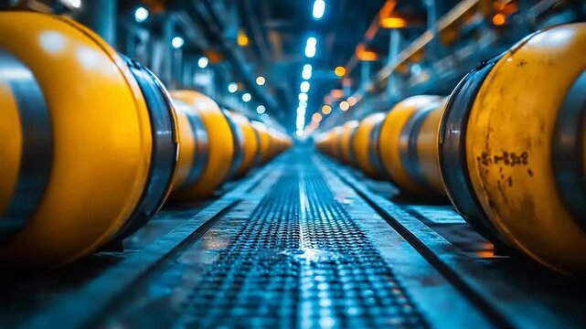 Industrial Pipeline with Cylindrical Yellow Objects Conveying Raw Materials in Manufacturing