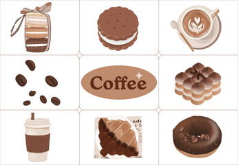 Café, coffee, xícara de café, marrom, cafeteria, doceria, doces, macaron, confeitaria, grão de café, copo, croissant, tiramisu, donnuts, comfy, inverno, chá da tarde, guloseimas, elementos, estampa