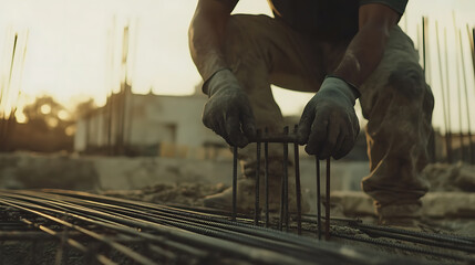 Construction Worker Assembling Reinforcement Bars