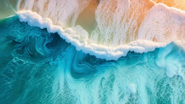 aerial view of turquoise ocean waves meeting sandy beach shore forming white foam