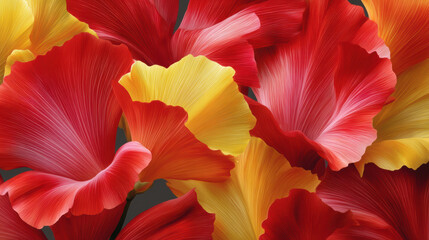Fototapeta premium Vibrant red and yellow floral petals create a textured, abstract pattern with smooth gradients, perfect for use as a backdrop or artistic presentation element.