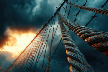 Obraz premium Low angle view of thick ship ropes against a dramatic sunset sky.