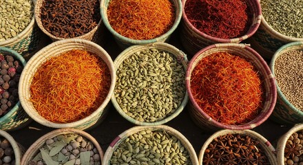 Aromatic spices in baskets overflow vibrantly