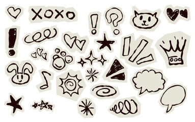 Scrapbook doodle set. Collection of sketch handdrawn scribble heart, star, mark, sign for journal. Chalk or ink craft paper cutout for scrapbook dairy