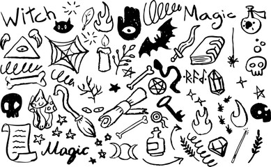 Magic witch mystical doodles. Hand drawn spooky symbols: skulls, magic potions, wizard hats, bones, cauldrons, and crystal balls. Perfect for Halloween, witchcraft and fantasy art projects.