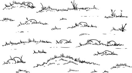Hand-drawn sketches of grassy fields, rocky landscapes, and doodle natural scenery. Set for nature-themed projects, backgrounds, or illustrations © Taras