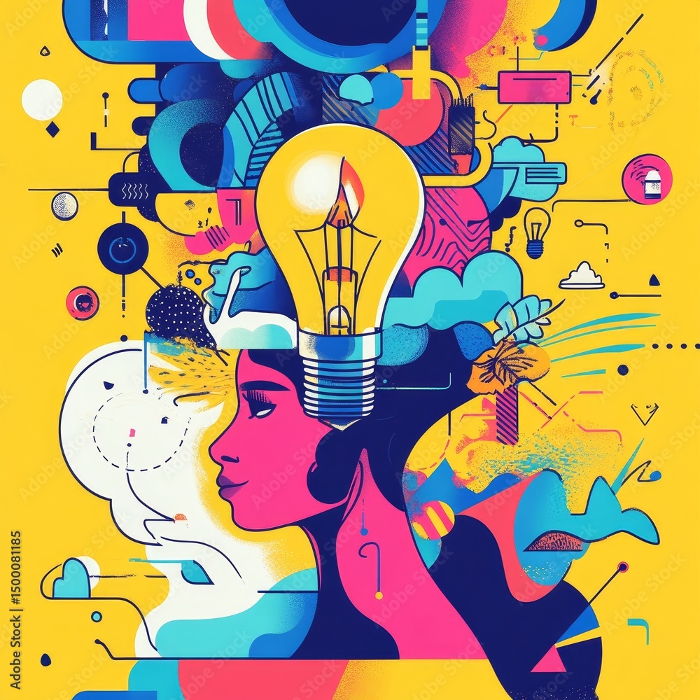 Poster creative journey exploring imagination and innovation through vibrant colors and abstract forms in a