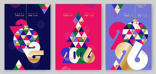 Fototapeta premium Merry Christmas and Happy New Year 2026, greeting cards, posters, holiday banners set. Modern Xmas design with triangle fir tree pattern in trendy Very Peri, pink, gold colors. Christmas ball, numbers