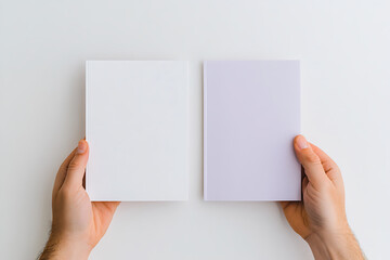 Fototapeta premium Two hands holding blank paper sheets. Mockup template of white paper, ready for your message! Clean, modern, and simple design for versatile use.