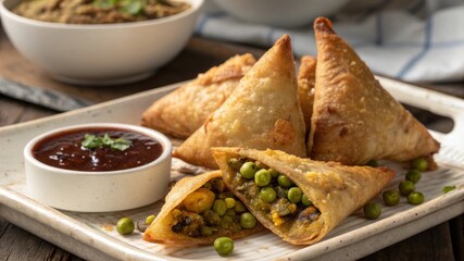 Enjoy delicious samosas with spiced potatoes and peas served with tamarind sauce in a cozy dining experience