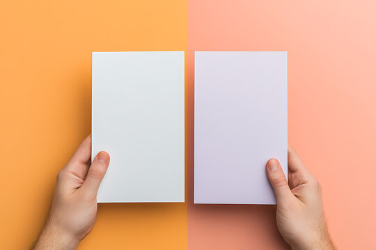 Two hands holding blank sheets of paper against orange and pink backgrounds. Minimalist design, perfect for adding custom text or graphics, invitation or marketing.