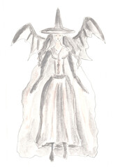 Witch, cosplay, woman with dragon wings. Fashionable Halloween outfit. Watercolor illustration, hand drawn modern freehand new