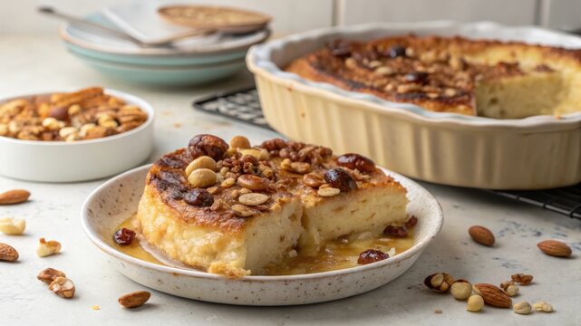 Indulge in a traditional serving of umm ali a luxurious bread pudding made with puff pastry and nuts in an authentic middle eastern setting