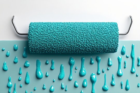 Paint roller with sponge texture applying vibrant teal paint on a surface
