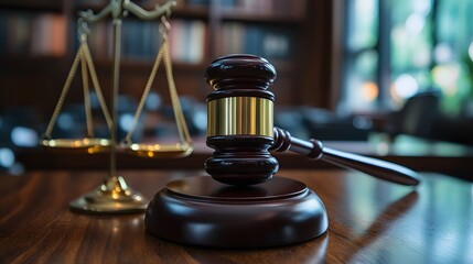 Obraz premium A courtroom scene featuring scales of justice and a gavel on a wooden table