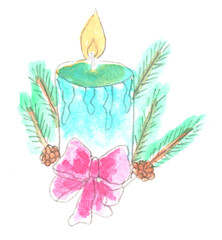 Candle with fir branches and a bow. Decor for New Year and Christmas. Watercolor illustration, hand drawn modern freehand new