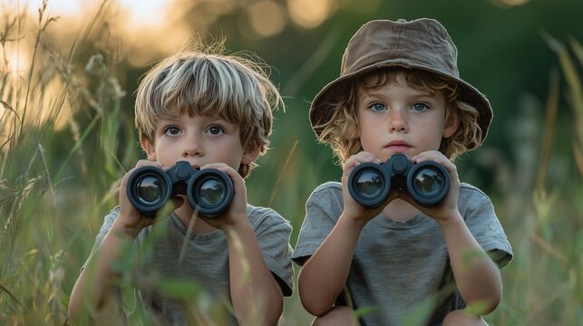 Two young boys using binoculars in tall grass at sunset