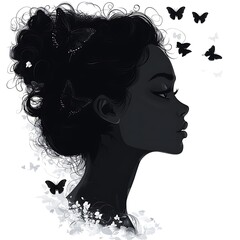 Elegant silhouette of a woman with butterfly accents in her hair and artistic floral collar design