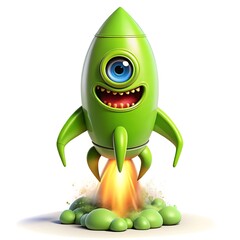 A whimsical, green one-eyed monster blasts off in a rocket, leaving a trail of vibrant, green slime.