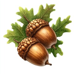 Two acorns with green oak leaves
