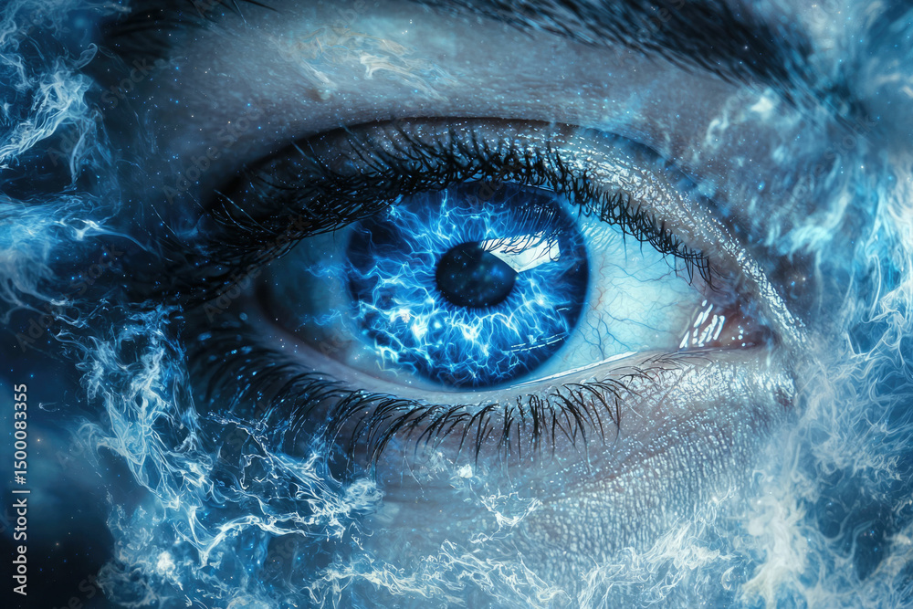 Aufkleber close-up of a human eye with vibrant blue energy flowing through it, creating a mystical and powerfu
