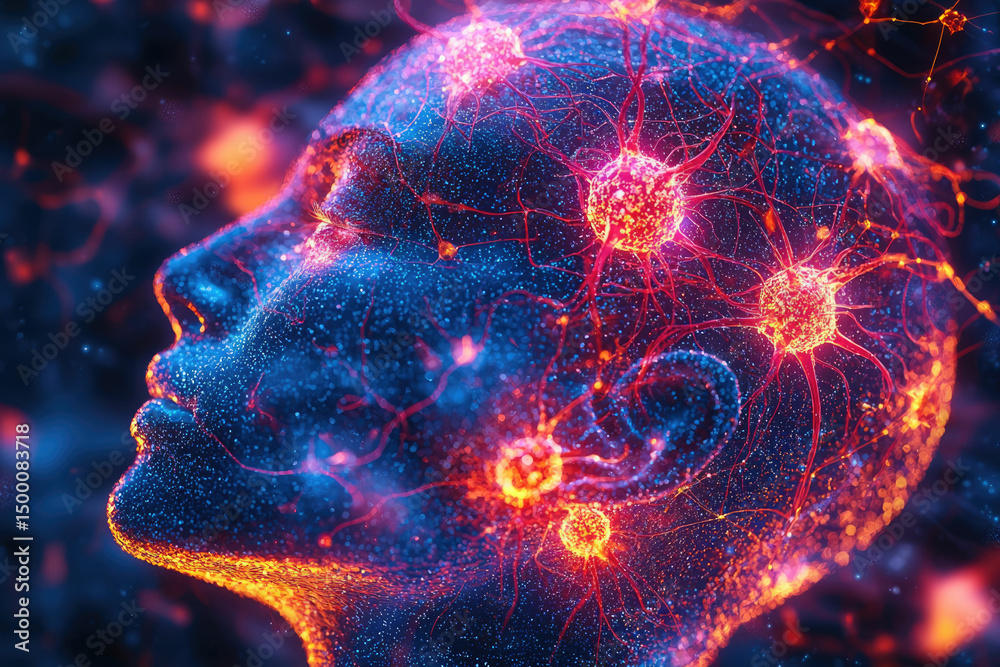 Poster abstract artwork depicting a human head formed by glowing particles and interconnected neurons, symb