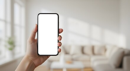 Hand holding blank smartphone display in modern living room