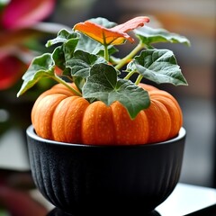 Miniature pumpkin in pot with leaves