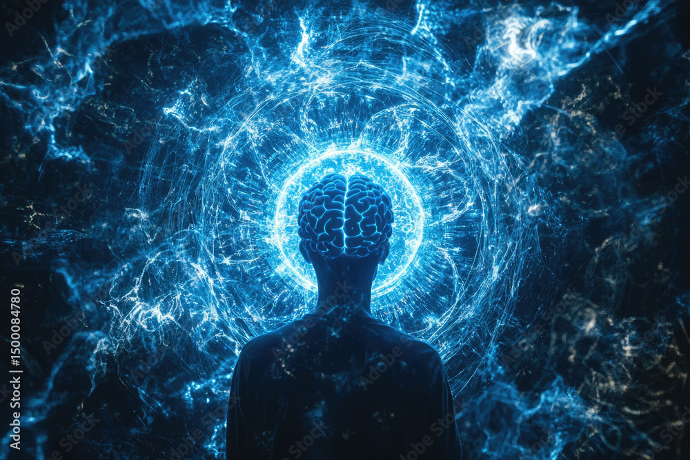 Poster a glowing brain within a swirling energy field, symbolizing intellect and consciousness.