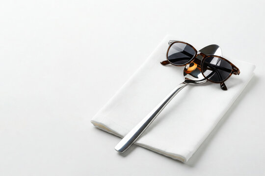 A tablespoon in sunglasses on a white napkin. Space for text.