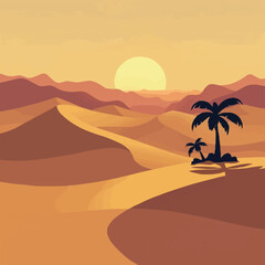Minimalist Desert Oasis at Dusk with Retro Vector Style