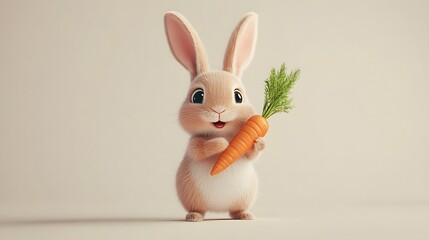 Obraz premium Minimalist cartoon rabbit holding a carrot on a beige background