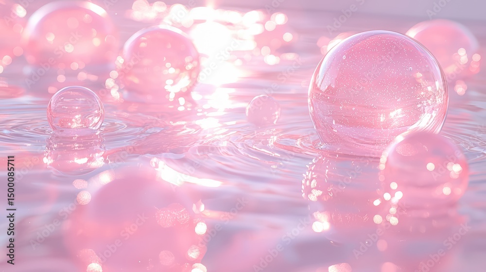 Poster Pink water surface with many small pink spheres floating on it. The spheres are reflecting the light and creating a shimmering effect. Concept of tranquility and beauty, as the water