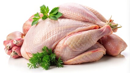 Raw Whole Chicken with Dill and Parsley Sprigs on White Background